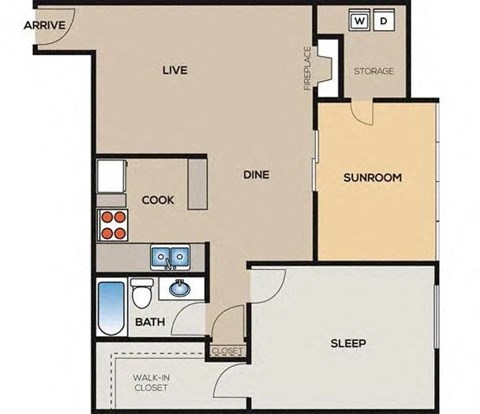 Floor plan for 1 bed, 1 bath, 838 sqft